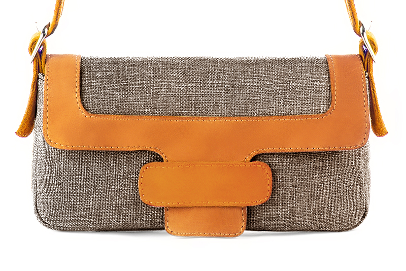 Tan beige and apricot orange women's dress handbag, matching pumps and belts. Profile view - Florence KOOIJMAN